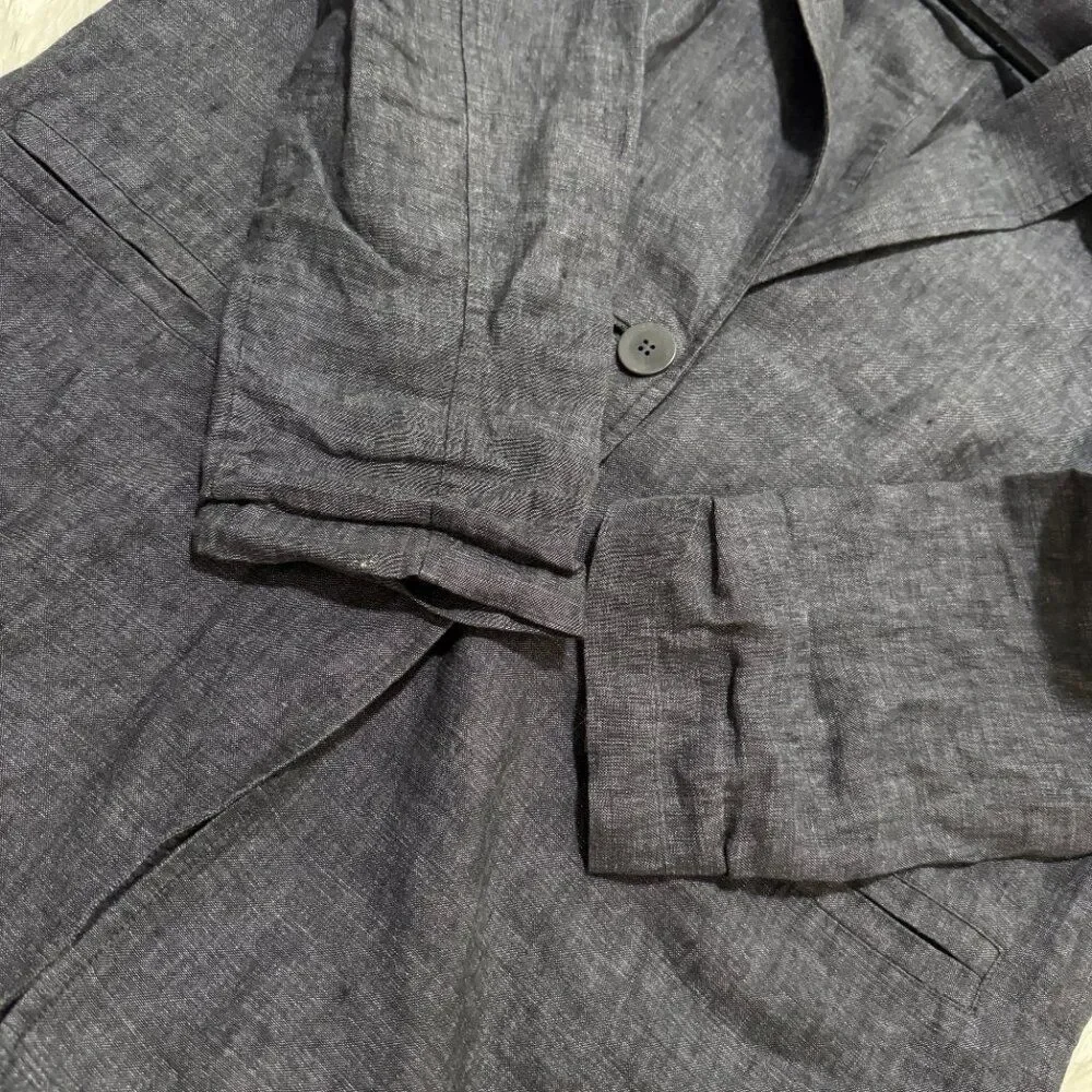 Women Eileen Fisher Linen Denim Two Button Lightweight Blazer Black Extra Small